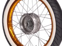 Gebraucht - Komplettrad vorn 1,5x16" Alufelge orange + Edelstahlspeichen + Weißwandreifen Mitas MC2, Art.-Nr.: 99002244 - Bild 5