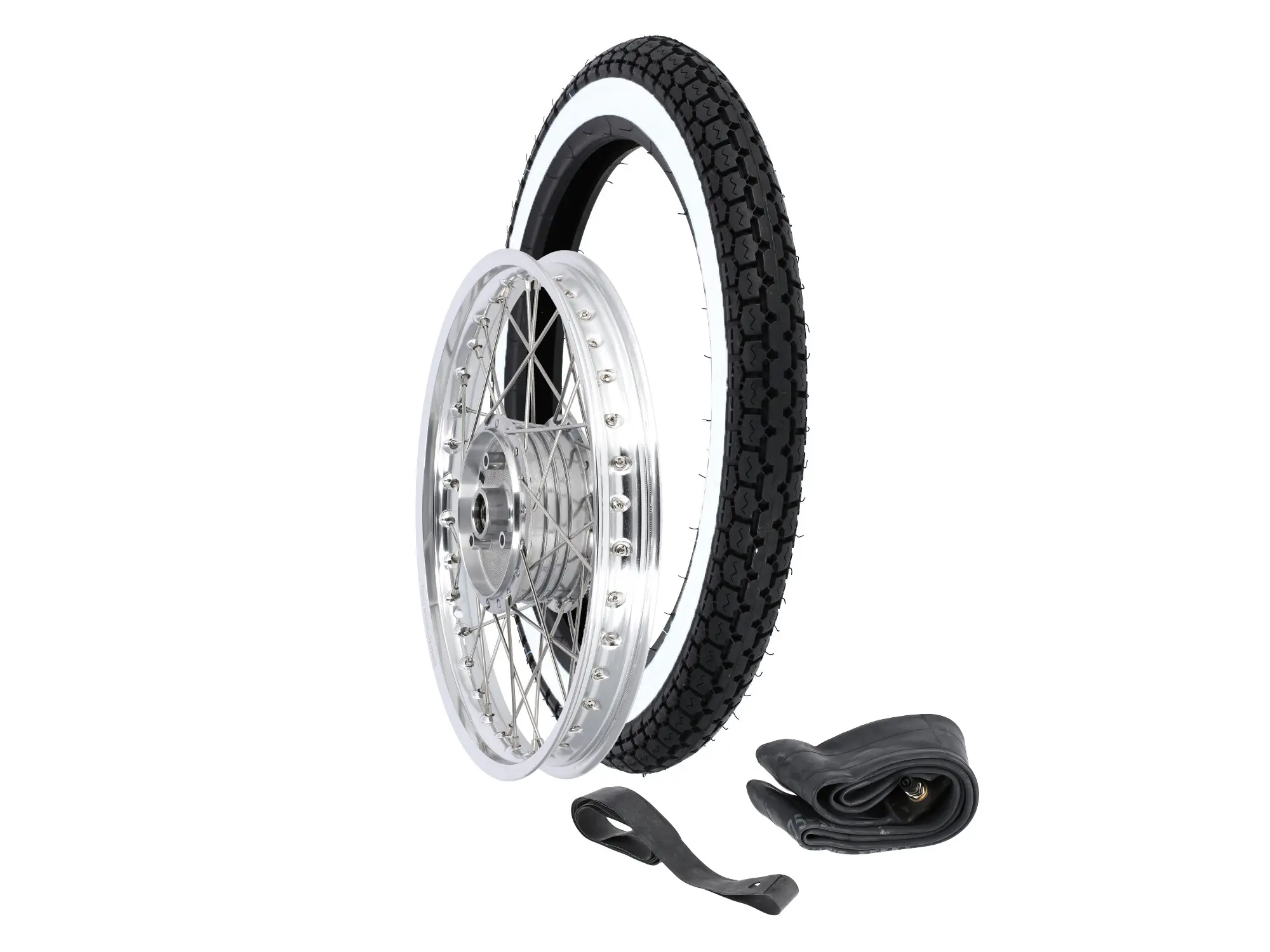 Complete wheel unmounted 1,5x16" alloy rim + stainless steel spokes + whitewall tire IRC NR-2, Item no: GP10000596 - Image 1
