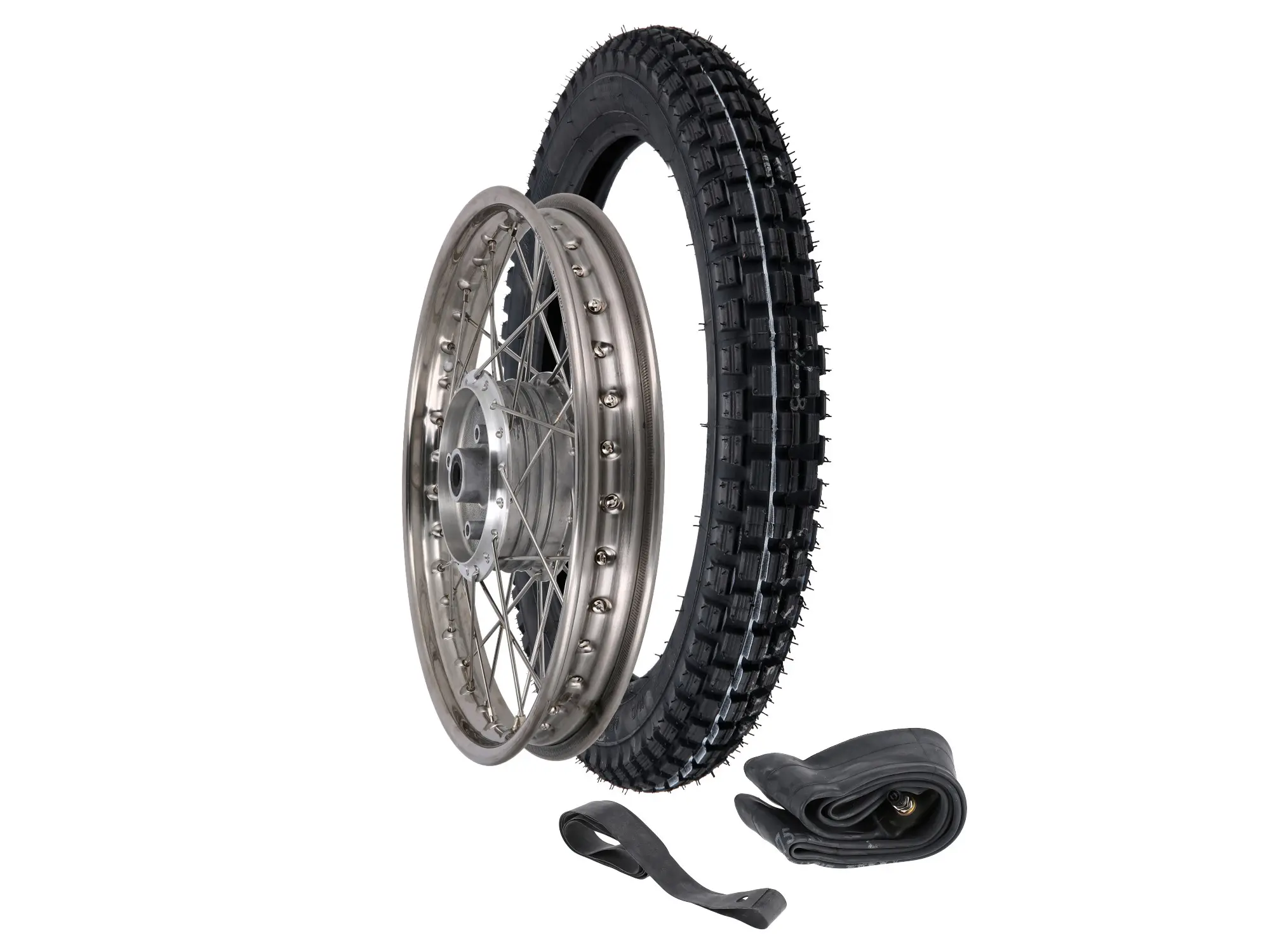 Complete wheel unmounted 1,6x16" stainless steel rim + stainless steel spokes + tire Heidenau K32, Item no: GP10000581 - Image 1