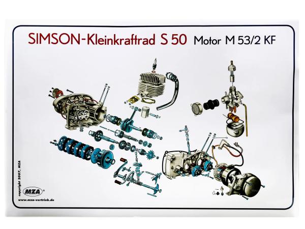 Explosionsdarstellung Farbposter 72x50cm Motor RH50II SR2 mit Pedalkickstarter
