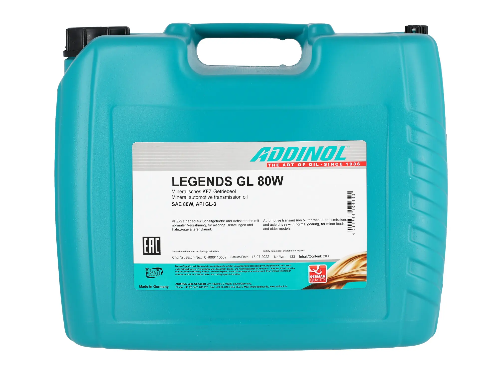 ADDINOL GL80W, Getriebeöl mineralisch (API GL3) für Simson & MZ - 20l, Art.-Nr.: 10003079 - Bild 1