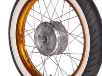 Gebraucht - Komplettrad vorn 1,5x16" Alufelge orange + Edelstahlspeichen + Weißwandreifen Mitas MC2, Art.-Nr.: 99002244 - Bild 4