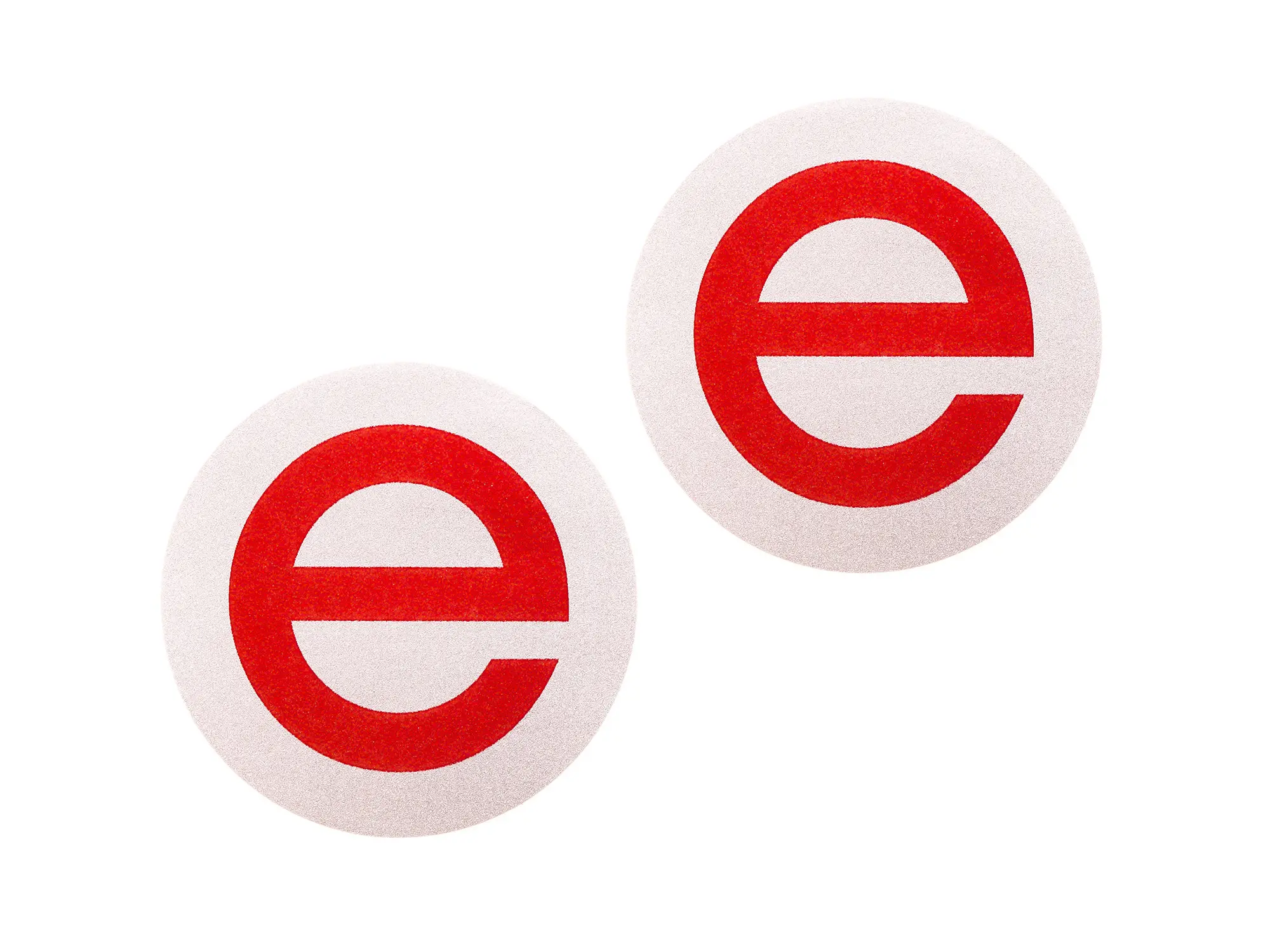 Set: 2x Schriftzug (Folie) "e" silber/rot für Seitendeckel - für MZ ETZ250, ETZ251, ETZ301, Art.-Nr.: 10067978 - Bild 1