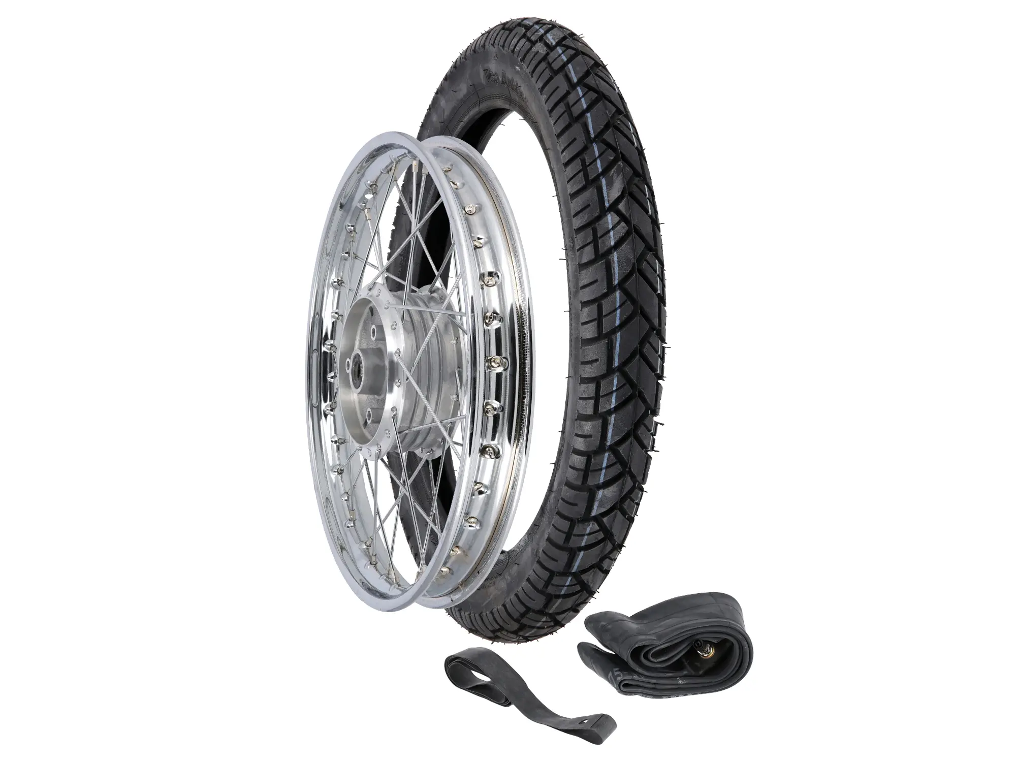 Complete wheel unmounted 1,5x16" steel rim chromed + chrome spokes + tire Vee Rubber 094, Item no: GP10000577 - Image 1