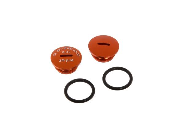Set: 2x Verschlussschraube Getriebedeckel, Alu in Orange mit O-Ringen,  10022767 - Bild 1